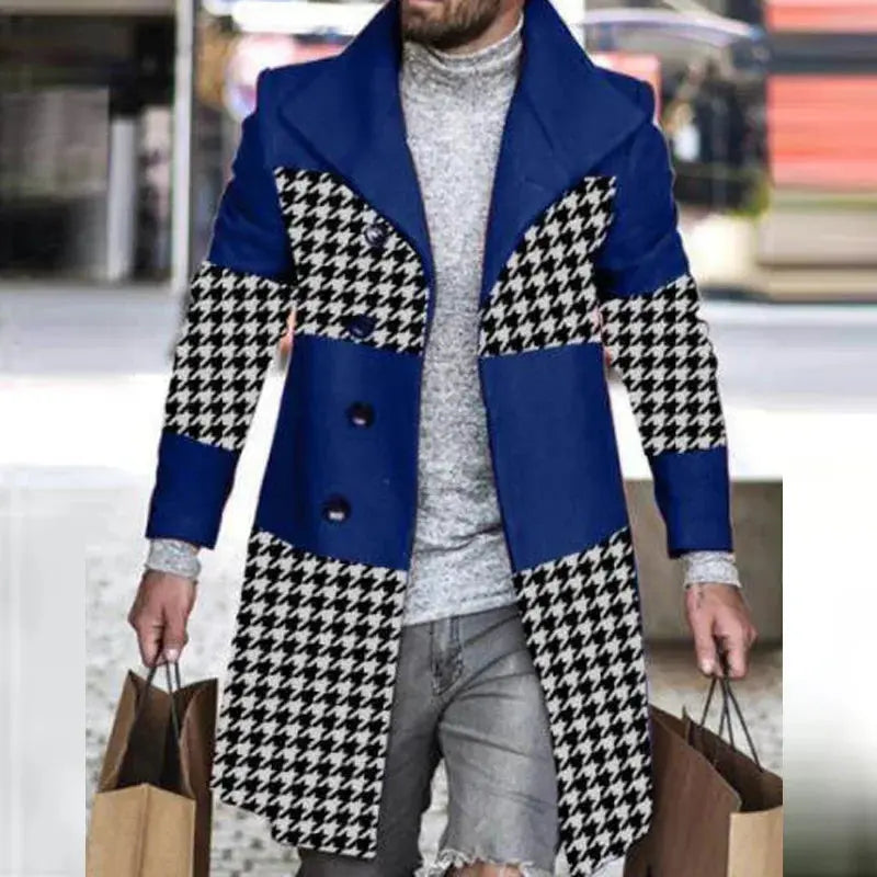 FZ Men's Retro Houndstooth Print Splicing Woolen Jacket