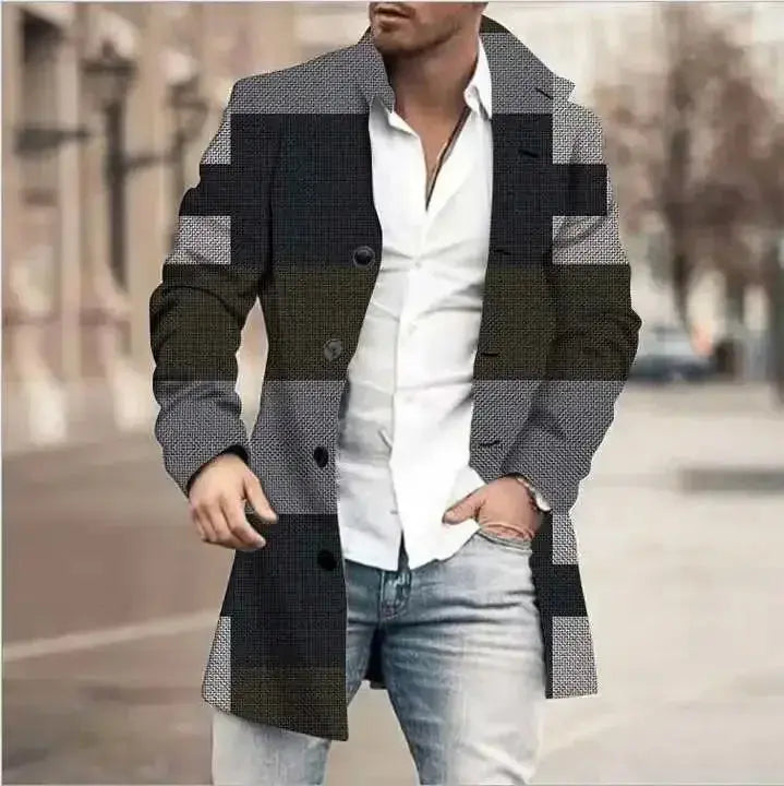 FZ Men's Retro Houndstooth Print Splicing Woolen Jacket