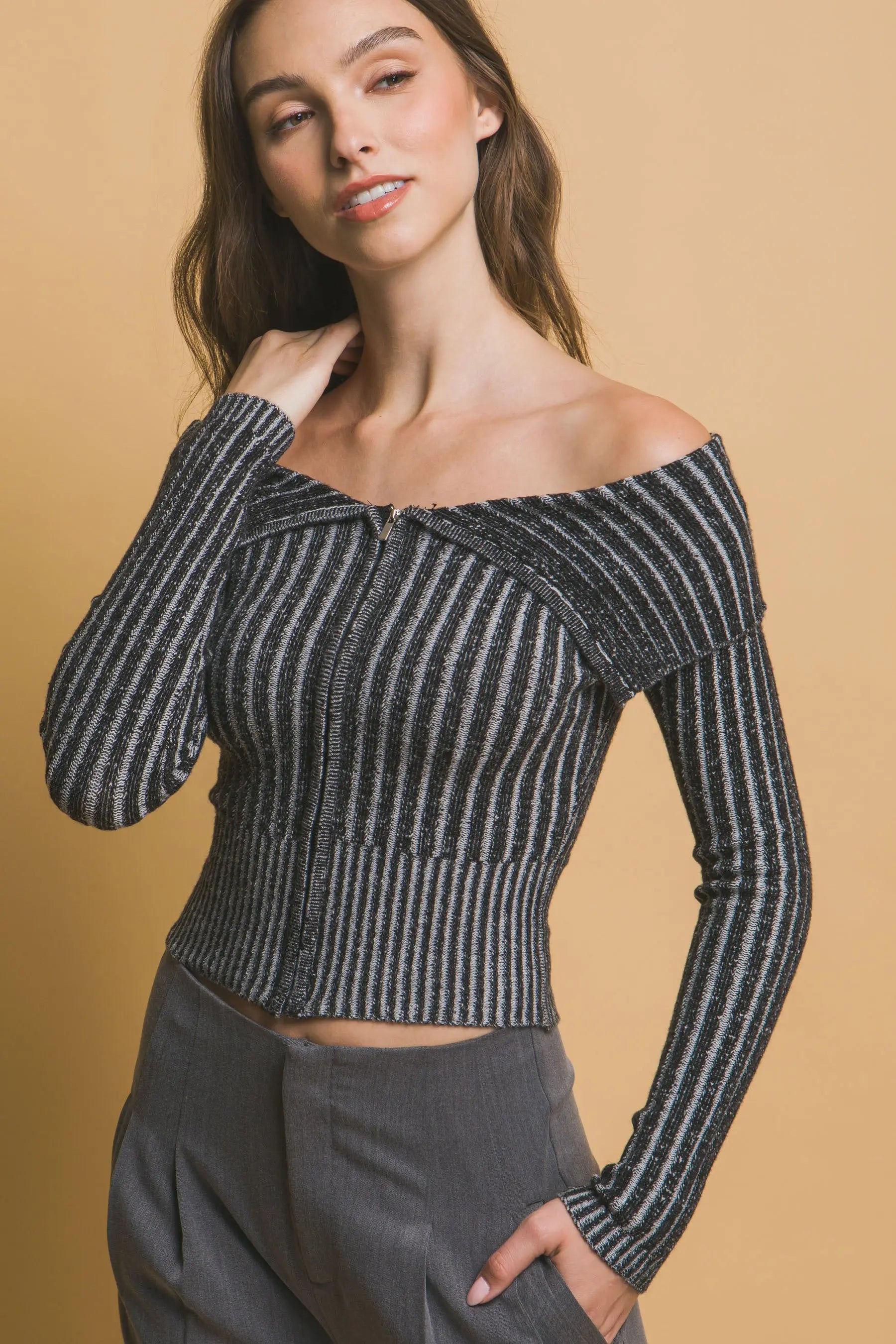 Ribbed bardot zip up long sleeve CCWHOLESALECLOTHING