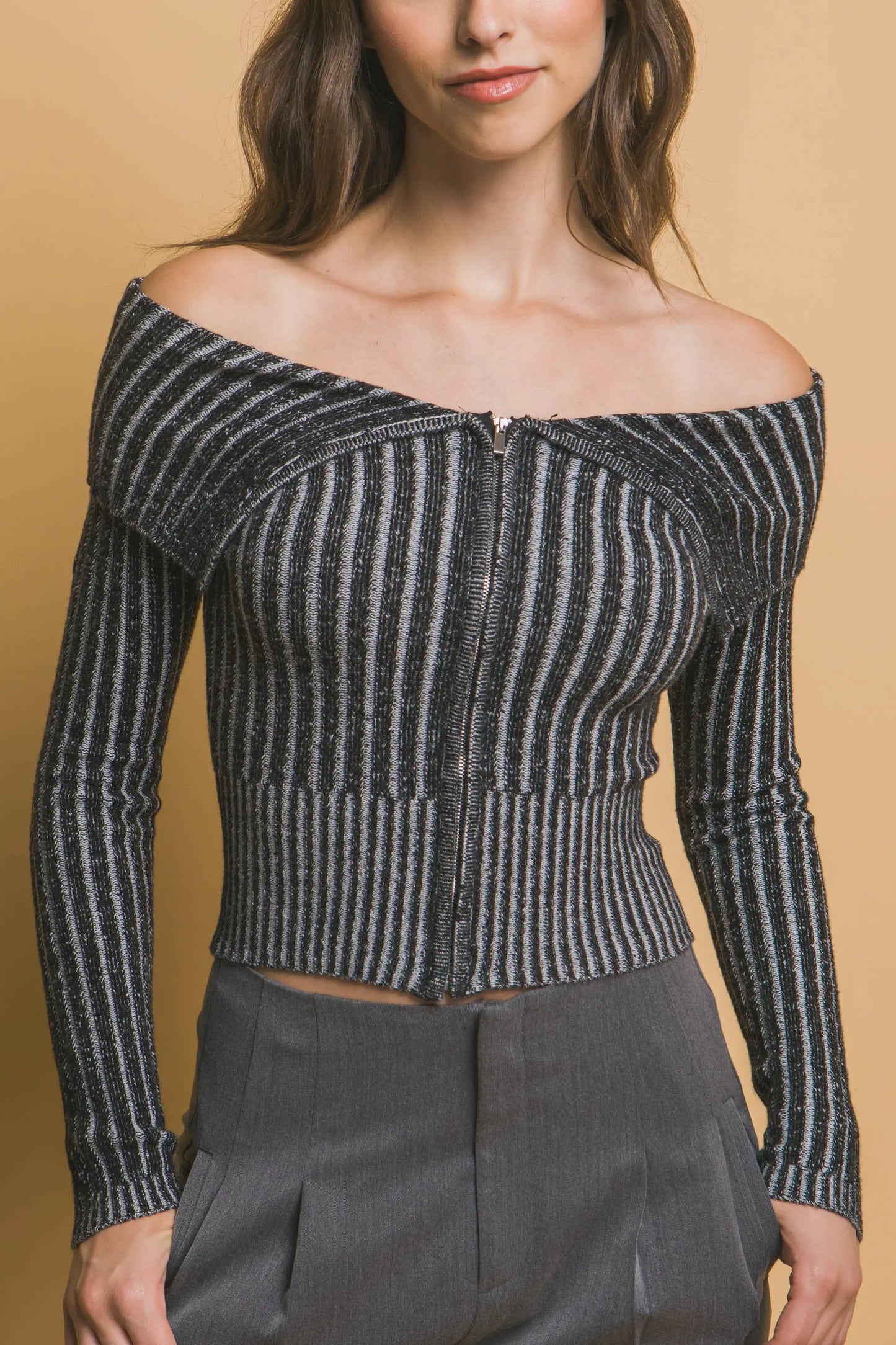 Ribbed bardot zip up long sleeve CCWHOLESALECLOTHING