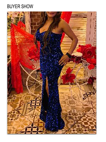 Romagic Luxury Sequin Strapless Prom Gown Stretch Velvet Sexy Slit Leg Padded Long Formal Evening Party Cocktail Celebrity Dress FZwear