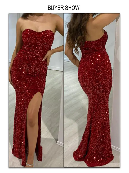 Romagic Luxury Sequin Strapless Prom Gown Stretch Velvet Sexy Slit Leg Padded Long Formal Evening Party Cocktail Celebrity Dress FZwear