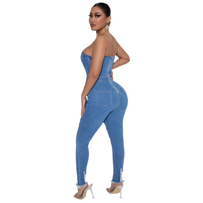 Summer Sexy Ripped Denim Women Jumpsuits Casual Vintage Strapless Stretchy Pants One Piece Streetwear Rompers Jean Playsuits FZwear