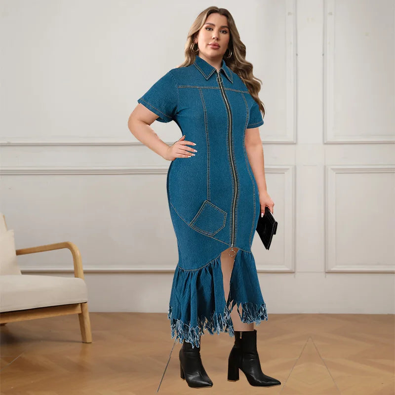 FZ Women's Plus Size Short Sleeve Tassel Zip Denim Dress