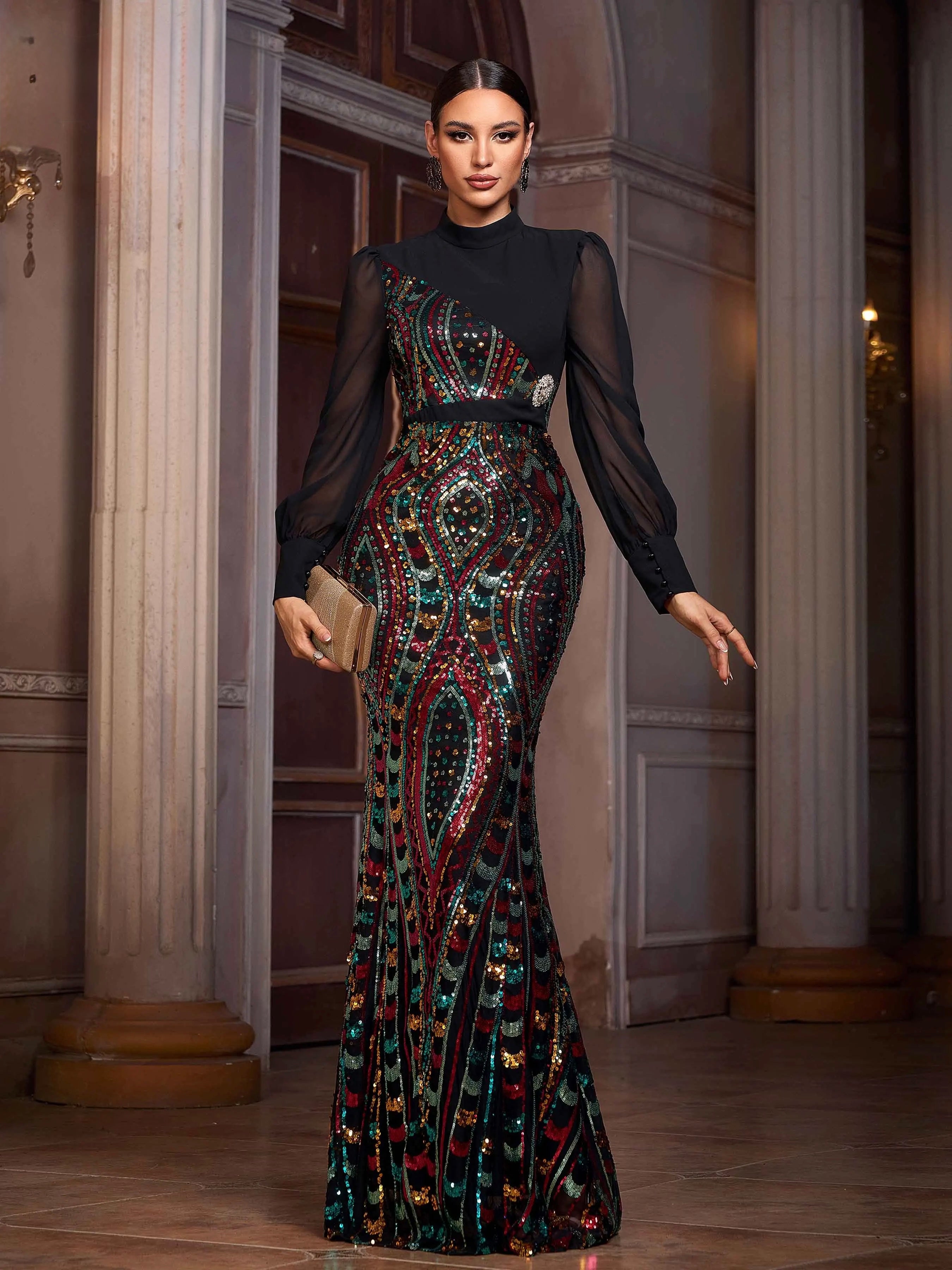 FZ Women's Round Neck Panel Geometric Sequin Mermaid Evening Dress
