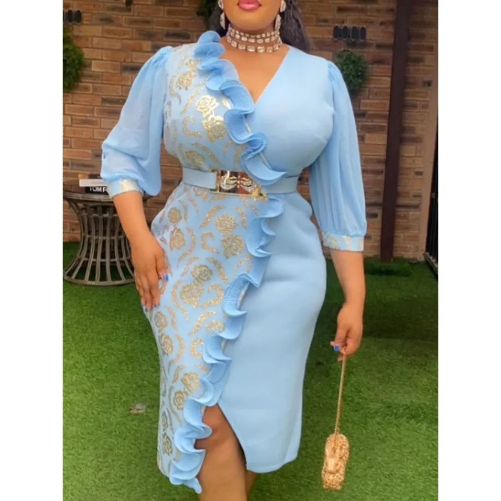 FZ Women's V Neck Ruffles 3/4 Sleeve Metallic Foil Printed Patchwork Dress