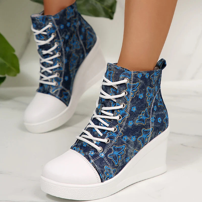 FZ Women's High Top Platform Lightweight Non Slip Lace Up Print Wedge Sneakers