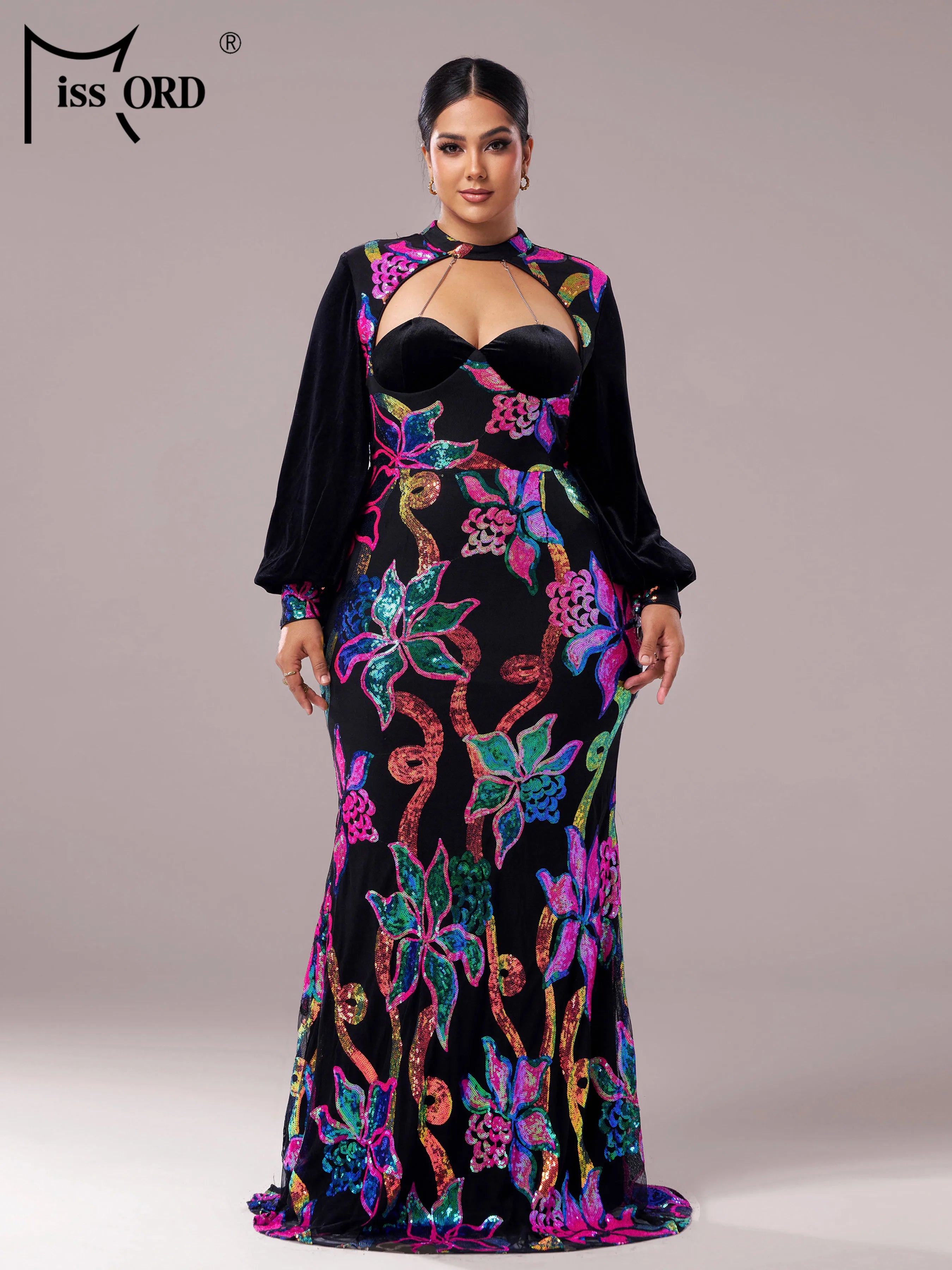 FZ Women's Plus Size Floral Round Neck Long Sleeved Sequin Mermaid Evening Dress