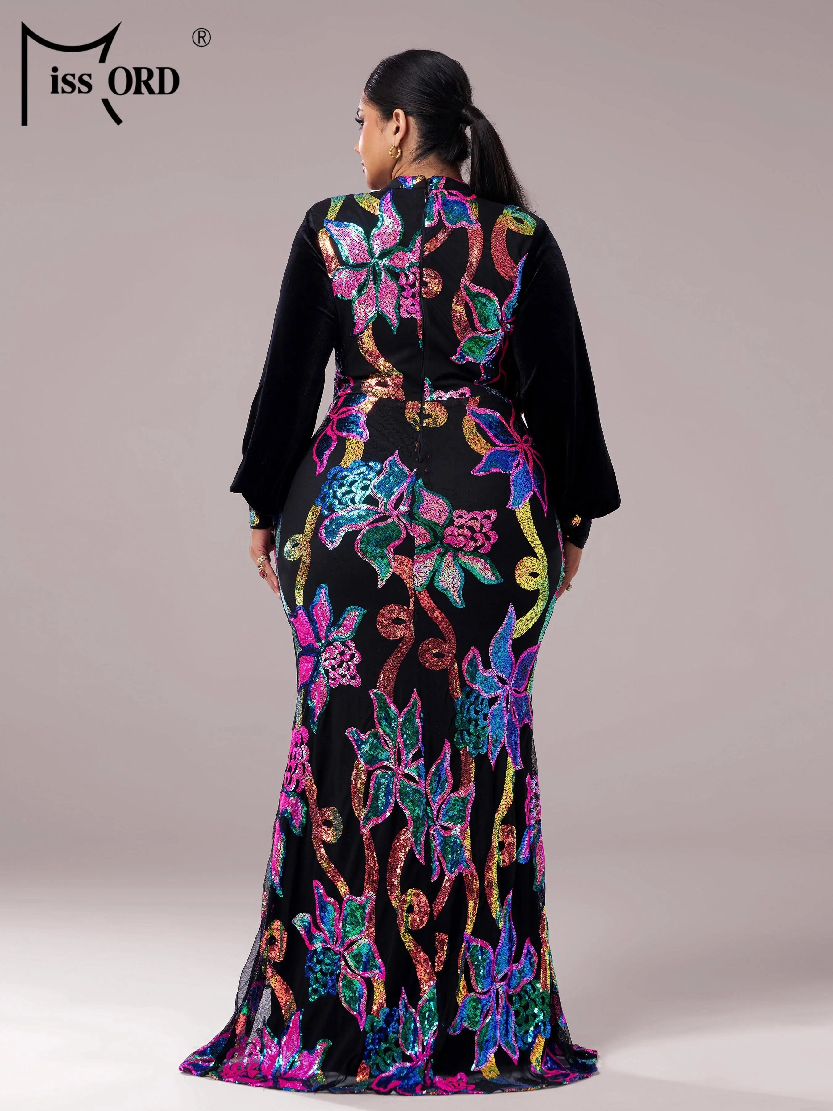 FZ Women's Plus Size Floral Round Neck Long Sleeved Sequin Mermaid Evening Dress