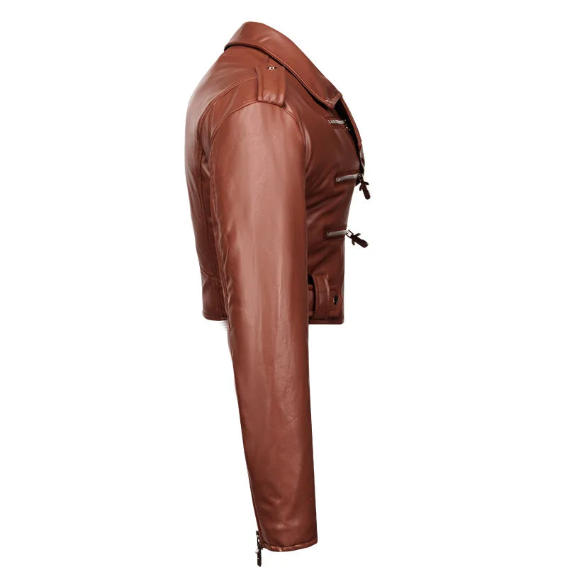 FZ Women's high waist long sleeve lapel diagonal zipper PU leather jacket