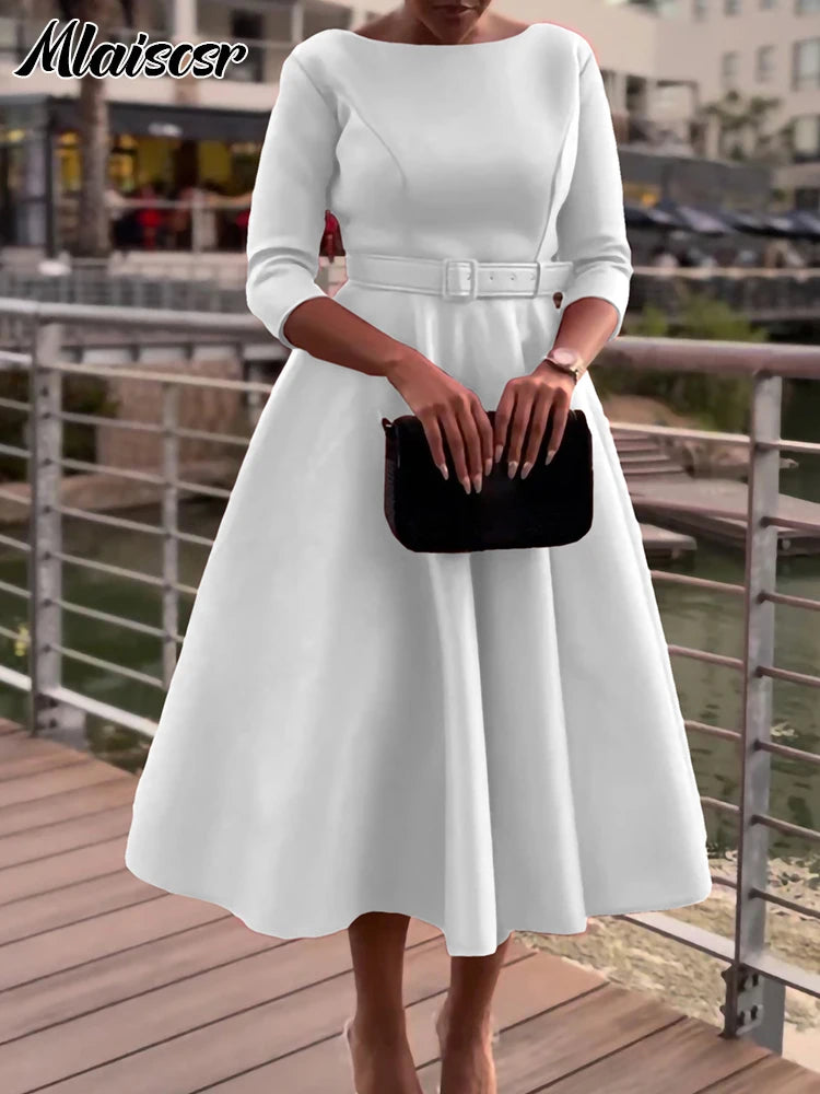 FZ Women's A-Line 3/4 Sleeve with Belt Midi Dress