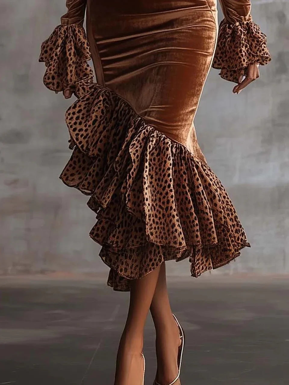 FZ Women's Ruffle Hem Leopard Printed Mermaid Dress