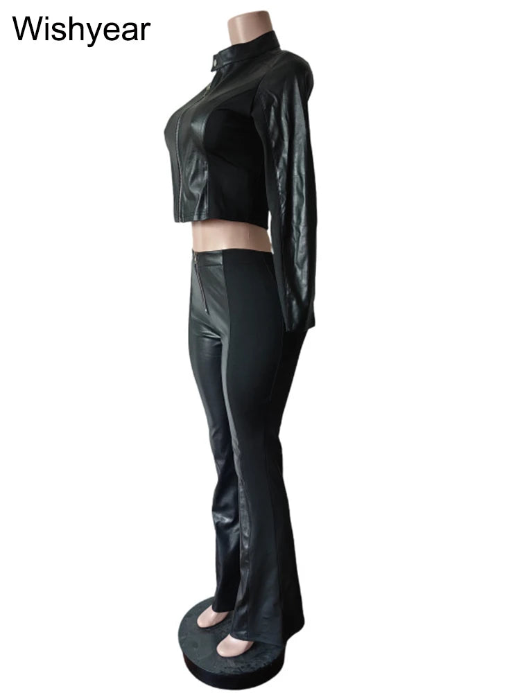FZ Women's Street moto bike stretch PU Leather flared 2 Pieces Pants Suit