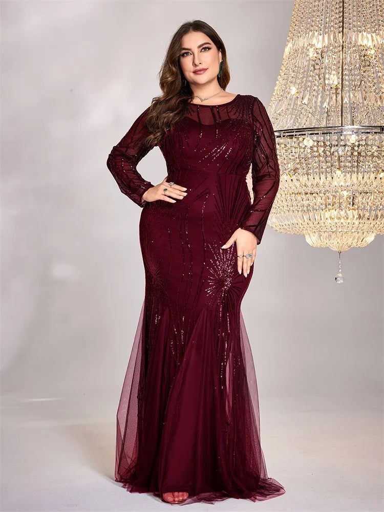FZ Women's Plus Size Long Sleeves Sequins Mermaid Maxi Evening Dress