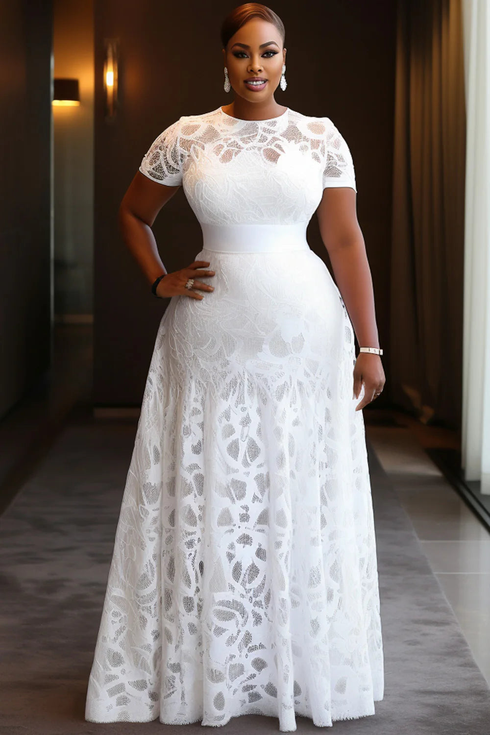 FZ Women's Plus Size Round Neck Short Sleeve Lace Maxi Dress