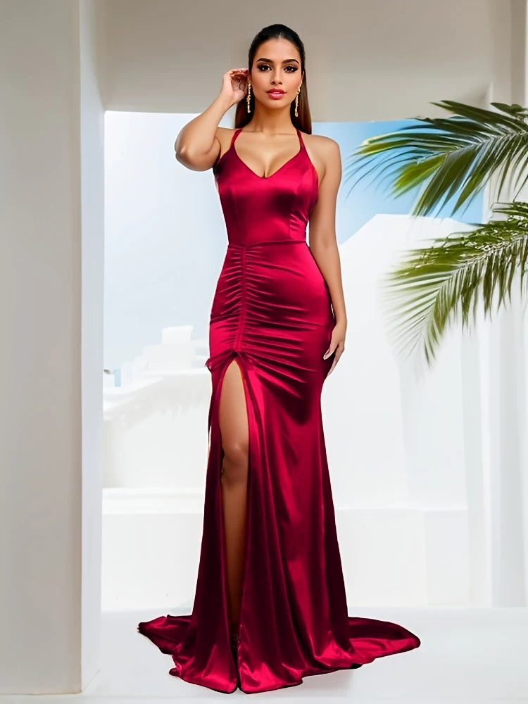 FZ Women's V Neck Sleeveless Long Split Mermaid Satin Evening Dress