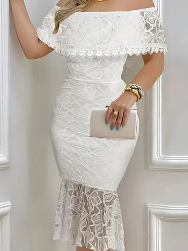 FZ Women's Off-Shoulder Lace Ruffled Neckline Flared Hem Midi Dress