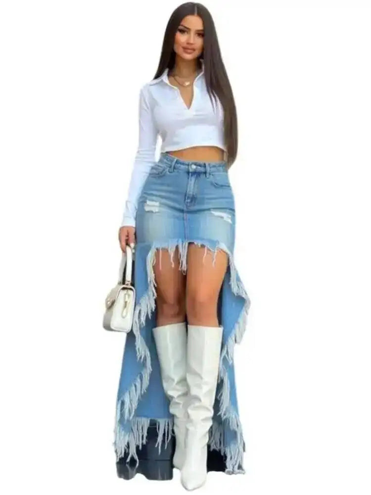 FZ Women's Irregular Edge Split Tassel Denim Skirt