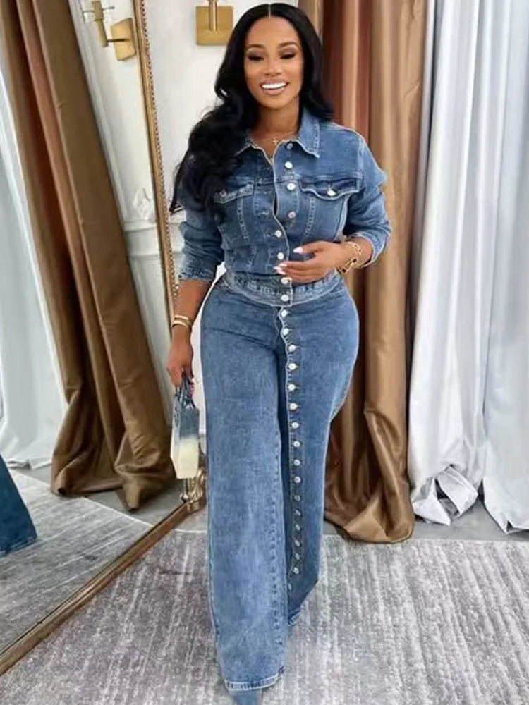 FZ Women's Streetwear Single-breasted Button 2 Piece Wide Leg Denim Pants Suit