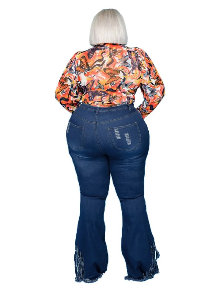 FZ Women's Plus Size Slim Fit Ripped Fringed Flared Denim Pants
