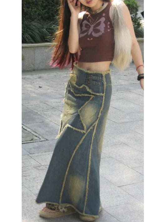 FZ Women's High Street Retro Style Distressed Long Denim Skirt
