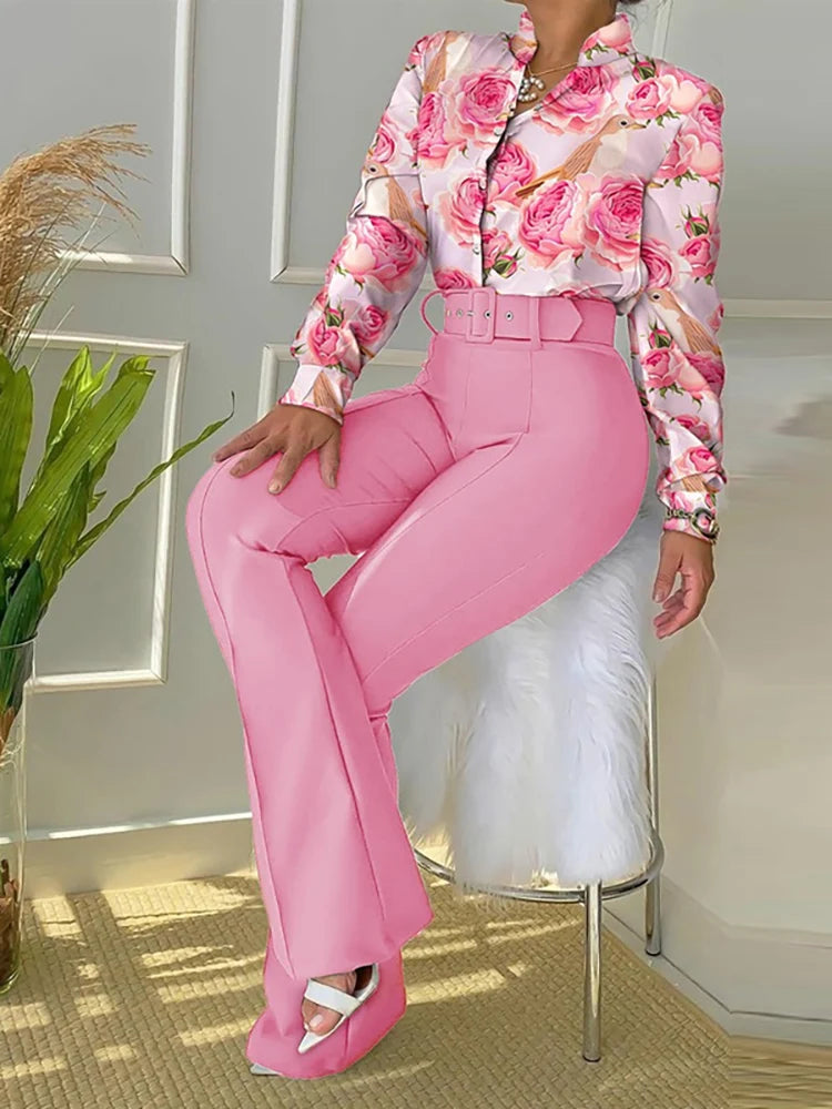FZ Women's Elegant  Wide Leg  Retro Printed Slim Fit Office Pants Suit - FZwear