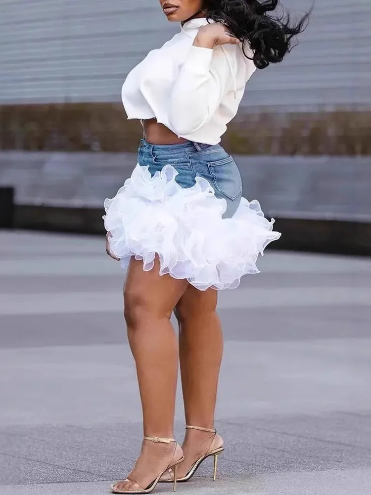FZ Women's Ruffle Edge Cake Skirt Mini High-Waisted Denim Skirt