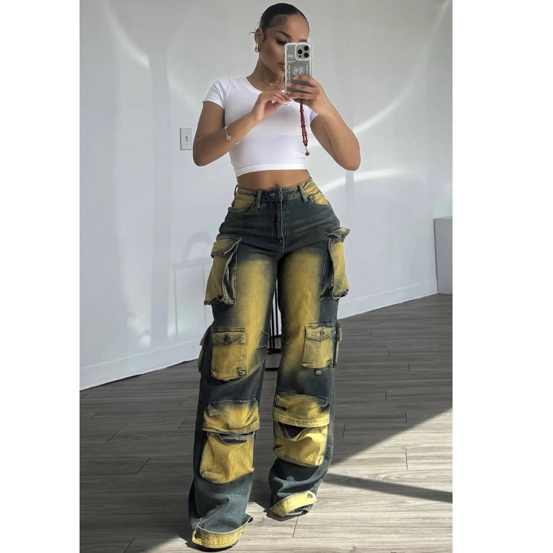 FZ Women's Tie Dye High Waist Y2K Streetwear Cargo Denim Pants