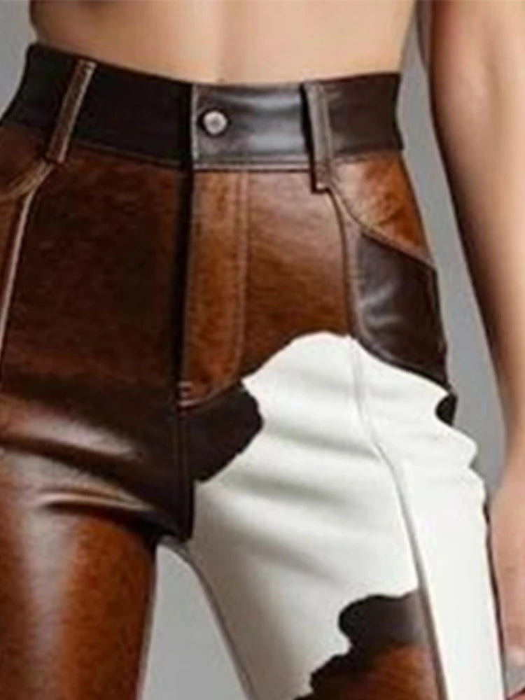 FZ Women's Cow Pattern Flare High Waist Slim Faux Leather High Street Pants