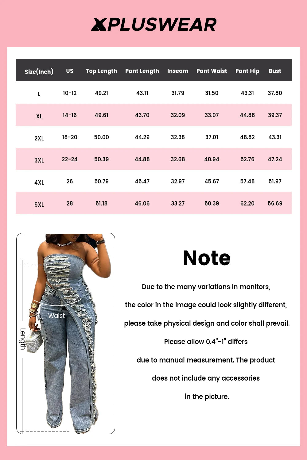 FZ Women's Plus Size Asymmetric Hem Distressed Two Piece Denim Pant Suit