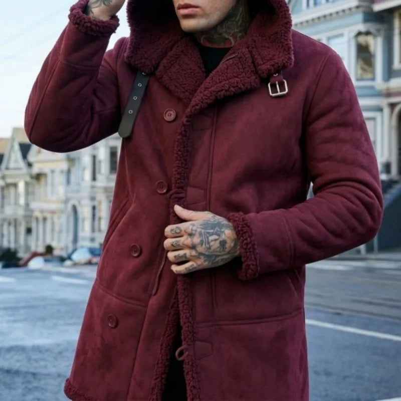 FZ Men's Lapel Hooded Thick Fleece Lined Mid Length Jacket