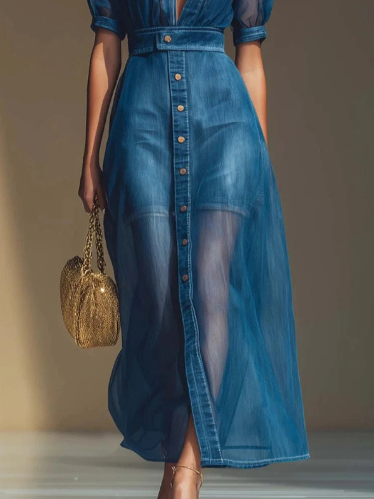 FZ Women's Sheer Mesh Short Sleeve Turn Down Collar Maxi Denim Dress