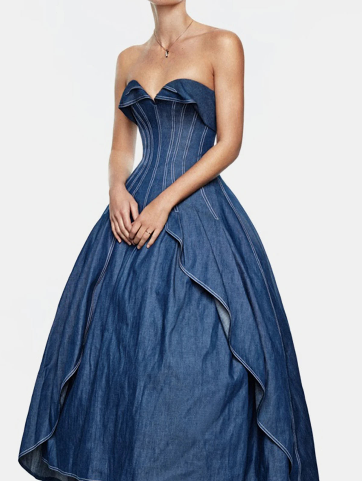 FZ Women's Strapless Irregular Hem Vintage Ruffle Off the Shoulder Imitation Denim Dress