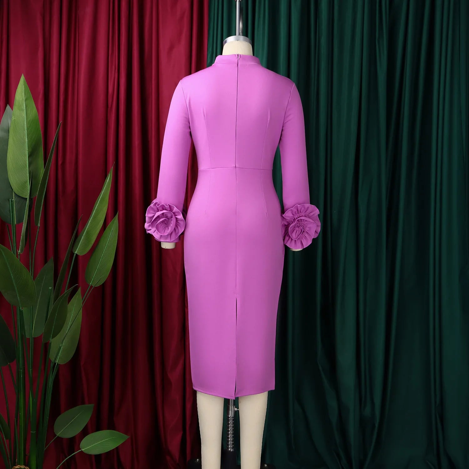 FZ Women's 3D Flower Long Sleeve Half High Collar Dress