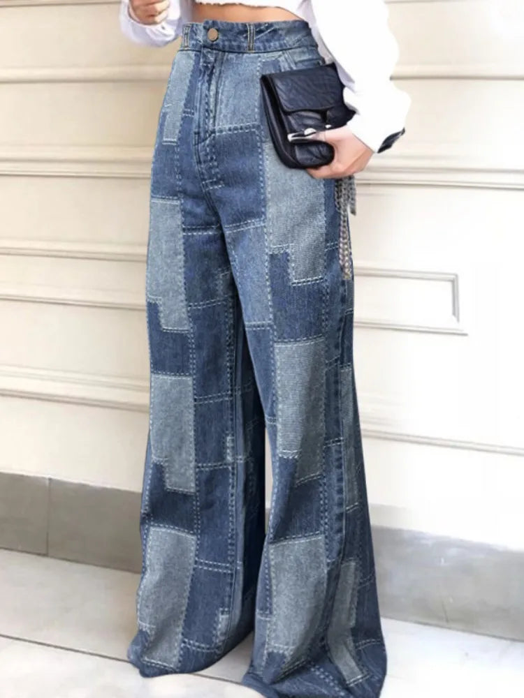 FZ Women's Plaid Contrast Loose Buttoned High Waist Wide Leg Denim Pants