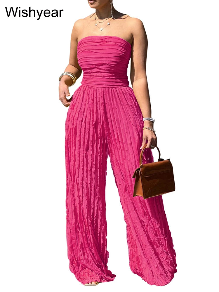 FZ Women's Ruched Strapless Wide Leg One Piece Jumpsuit
