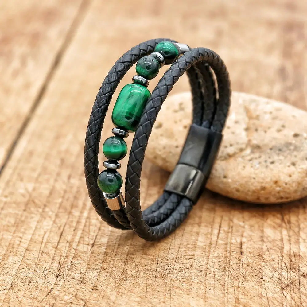 FZ Natural Stone Leather Stainless Steel Leather Green Tiger Eye Bracelet