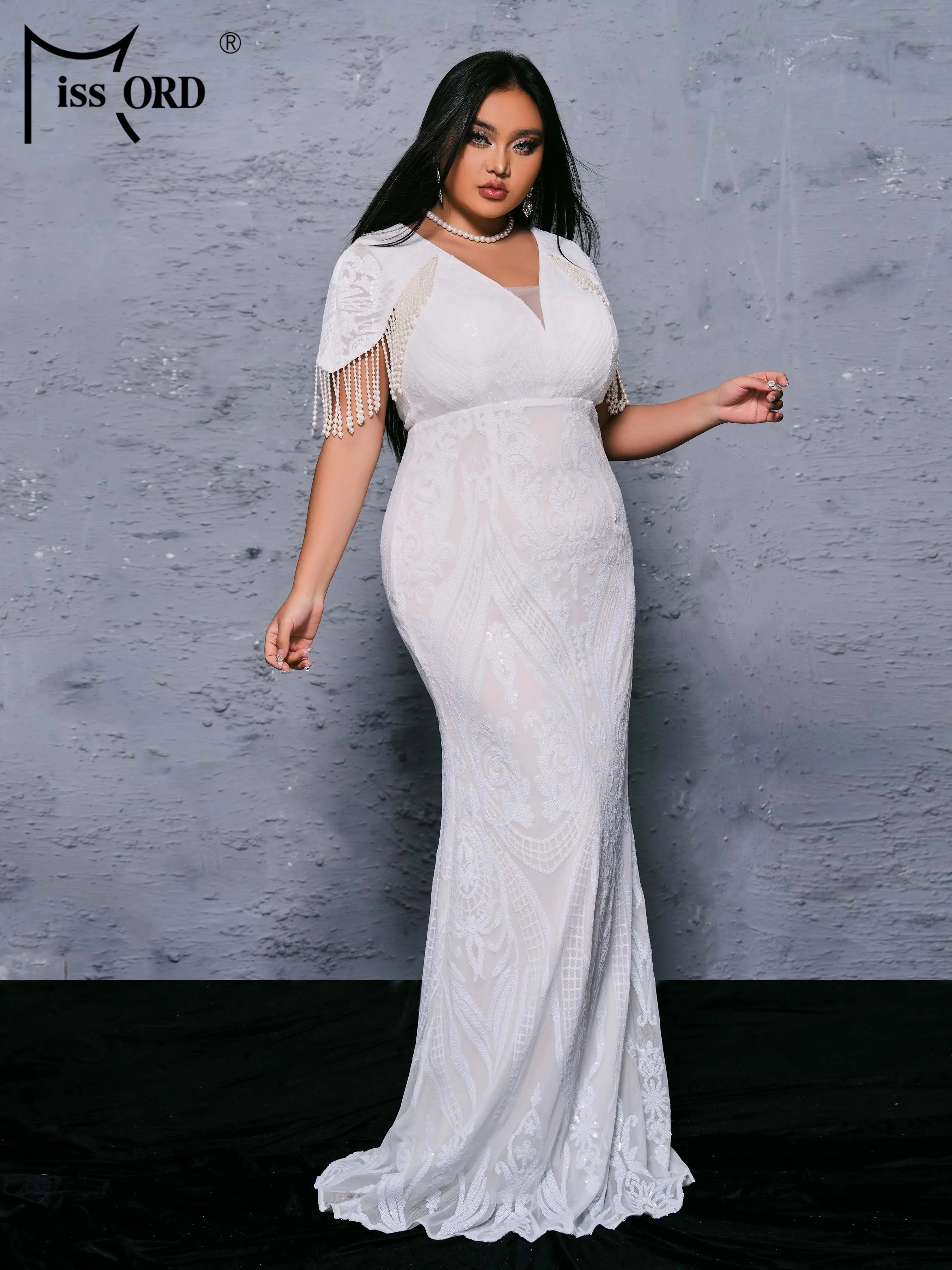 FZ Women's Plus Size V Neck Tassel Mermaid Evening Dress