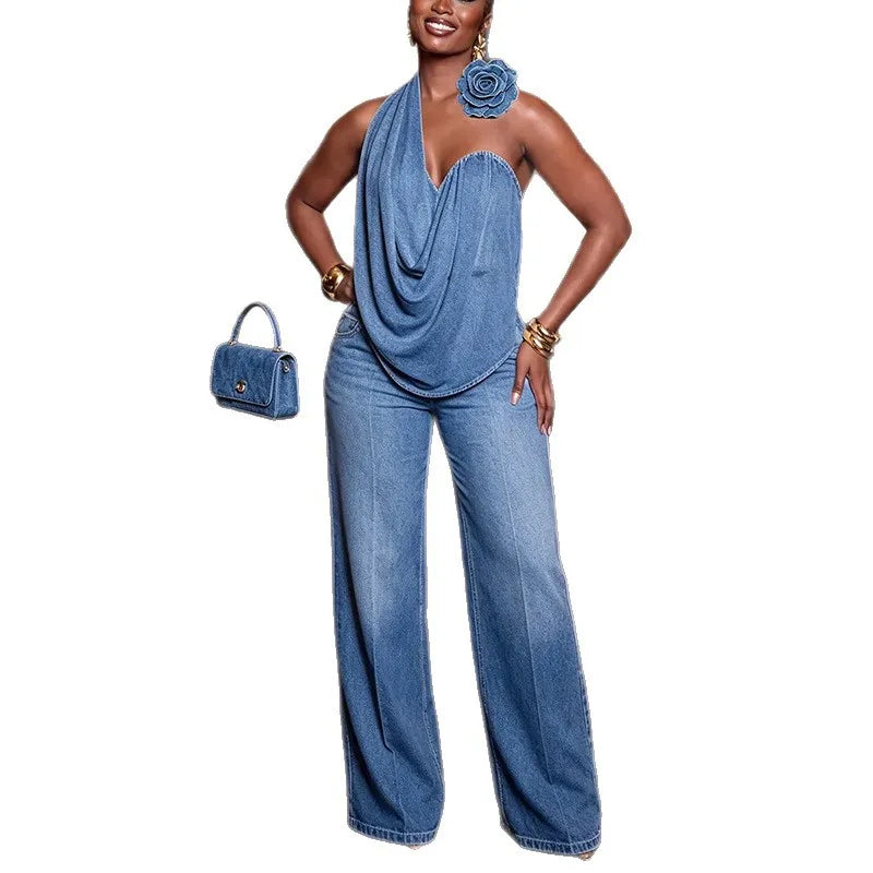FZ Women's Two Piece Halter Sleeveless Cowl Neck Wide Leg Denim Pants Suit