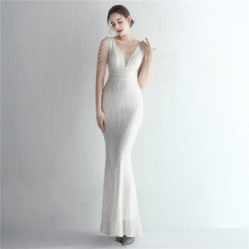 FZ Women's V Neck Sequin Maxi Beading Evening Dress