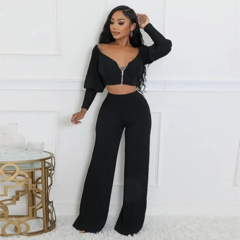 FZ Women's Full Sleeve Wide Leg Two 2 Piece Pants Suit