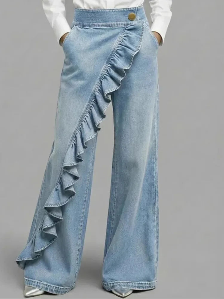 FZ Women's Loose Irregular Splicing High Waisted A-line Wide Leg Denim Pants