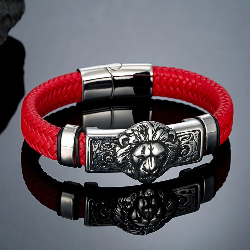 FZ Punk Lion Braided Genuine Leather Stainless Steel Magnetic Buckle Bracelet