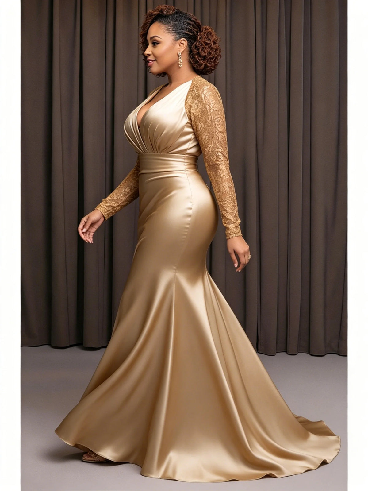 FZ Women's Plus Size Laced Maxi Satin Mermaid Evening Dress