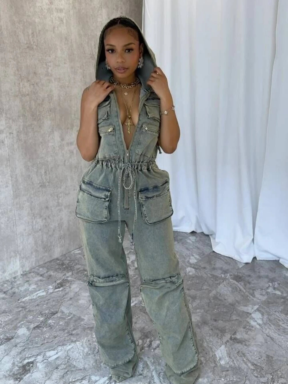 FZ Women's Sleeveless Hooded Loose Denim Jumpsuit DSers