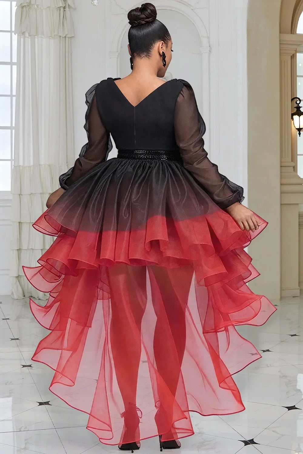 FZ Women's Plus Size V Neck Long Sleeve High Low Hem Elegant Ruffle Tulle Mini Dress