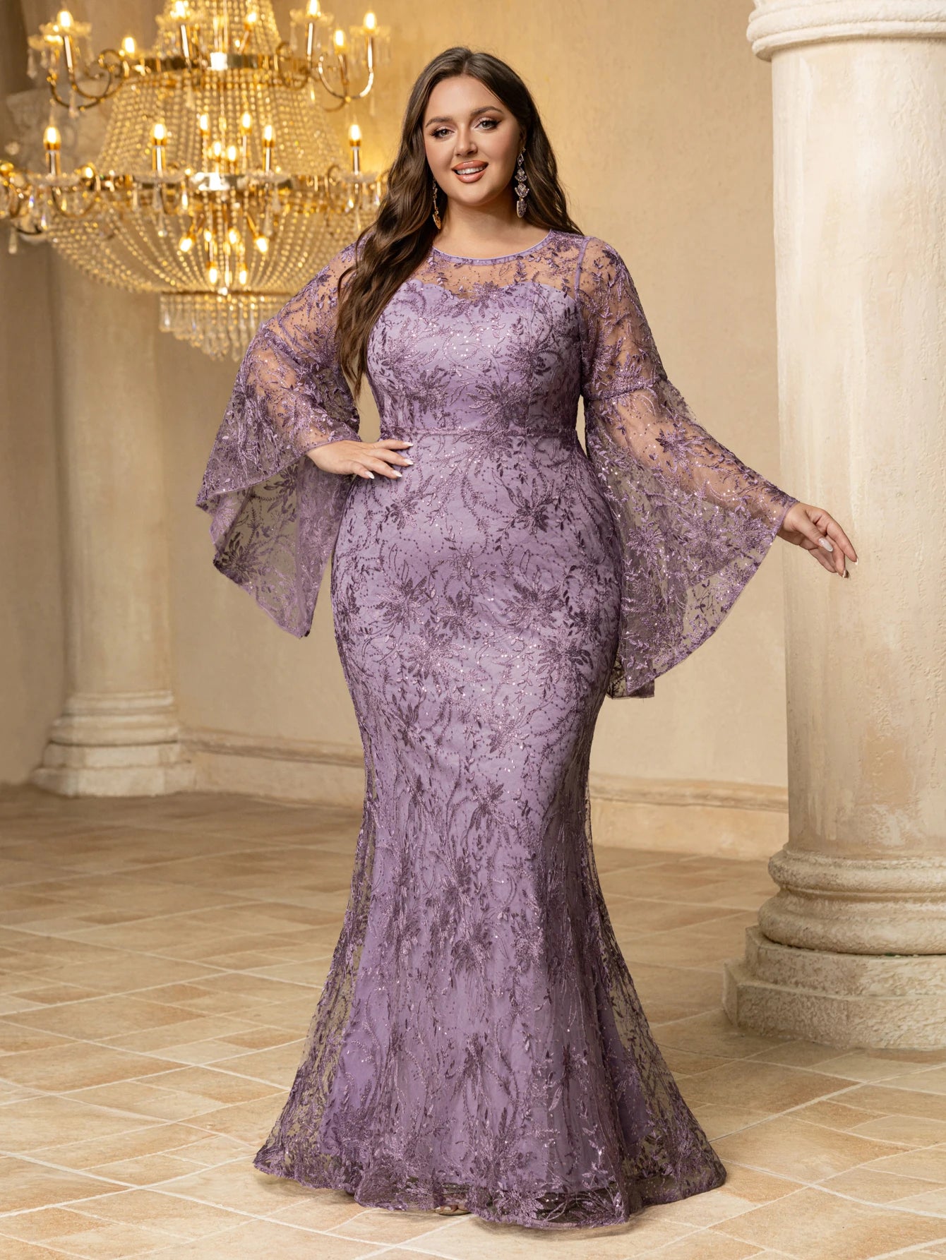 FZ Women's Plus Size  Mesh & Embroidery Splicing, Flared Sleeves Evening Dress
