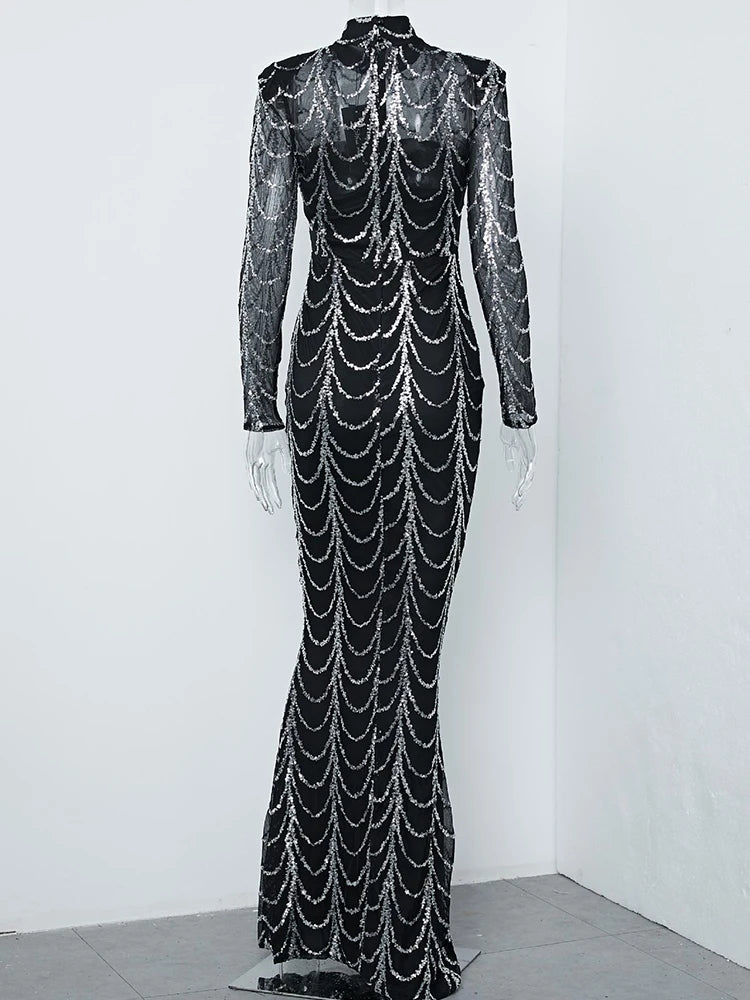 FZ Women's Luxury Mesh See-through Sequined Evening Dress - FZwear