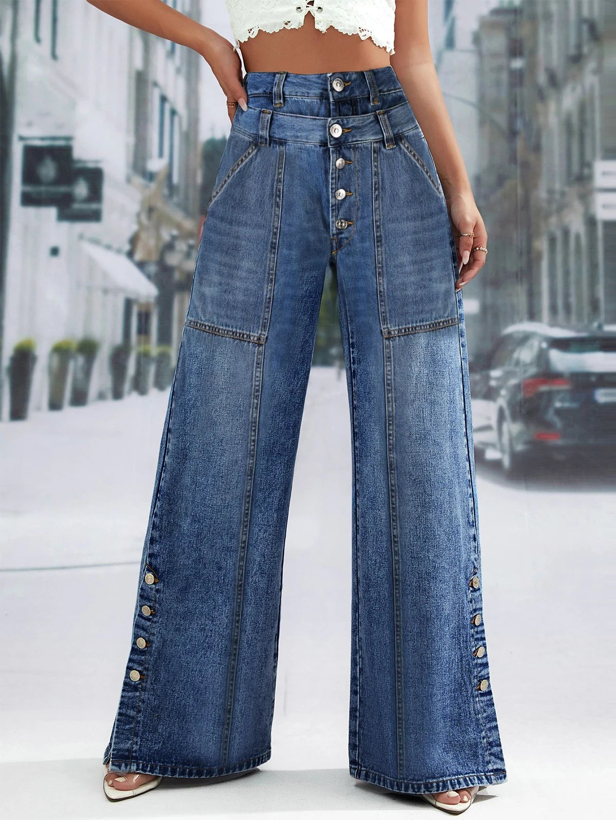 Women's Plus Size Jeans Pockets Denim Wide Leg Pants Button Vintage Streetwear Solid Casual Minimalist Jeans Trousers 2024 FZwear