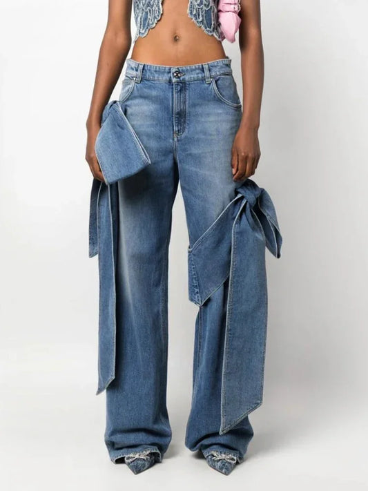 FZ Women's Bowknot Spliced Designer High Waist Patchwork Denim Straight Pants - FZwear